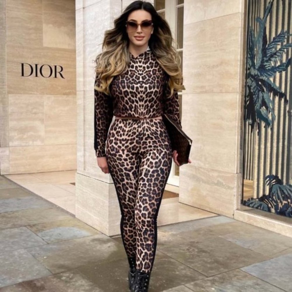 Leopard Print Long Sleeve Hoodie Hooded Crop Top and Joggers Pants Two Piece Set - Picture 2 of 10